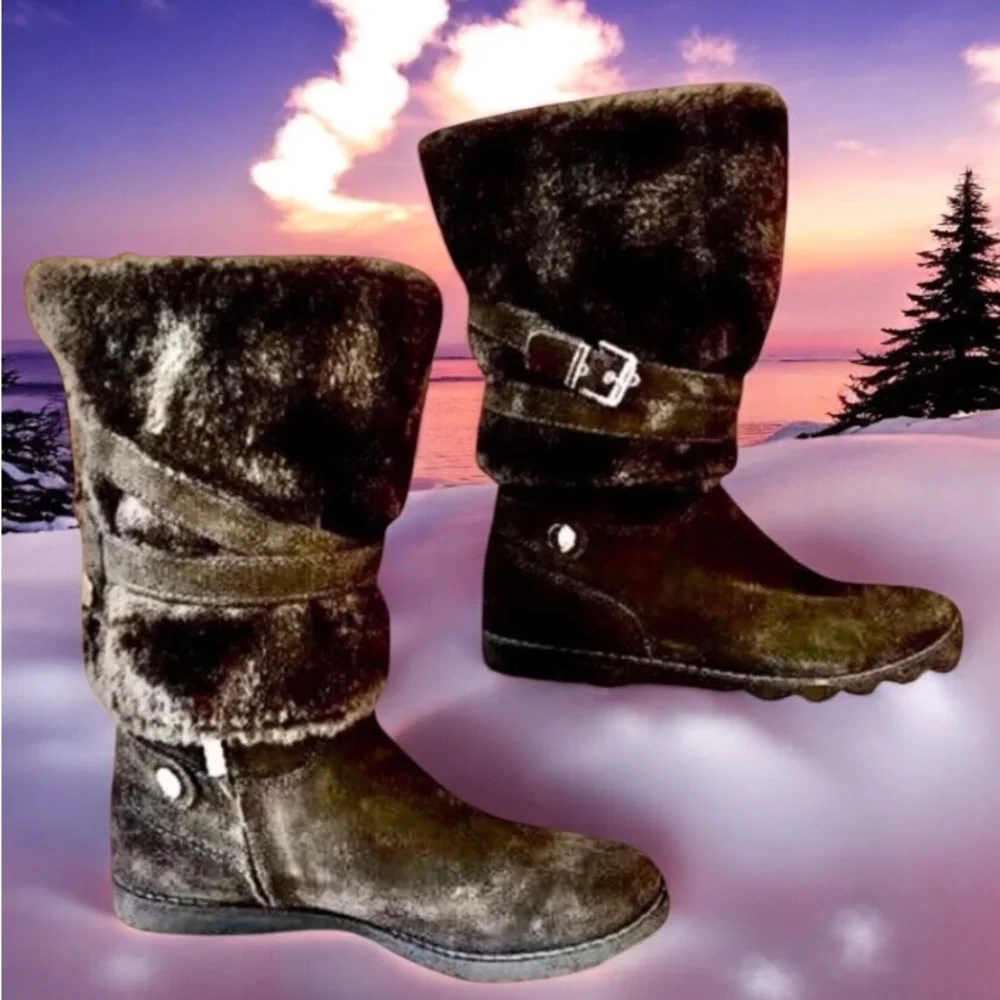 GEOX Mid-Calf Boot Dark Brown Suede Faux FUR Buckles Straps Studs